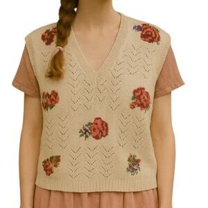 VTG Cream Knit Sweater Vest Womens SZ L Cotton Linen Floral Embroidered 80s